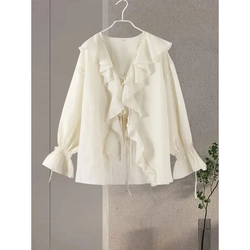 Casual Ruffles Shorts Suits Women Loose See Through V Neck Hollow Out Sets Female Lace Up Lady Sets