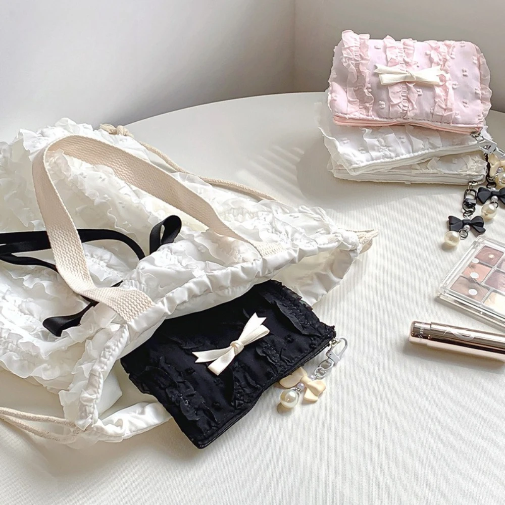 Cute Women Makeup Mini Bag Korean Lace Bow Portable Coin Purse Small Pouch Handbag Kawaii Female Cosmetic Storage Zipper Bag