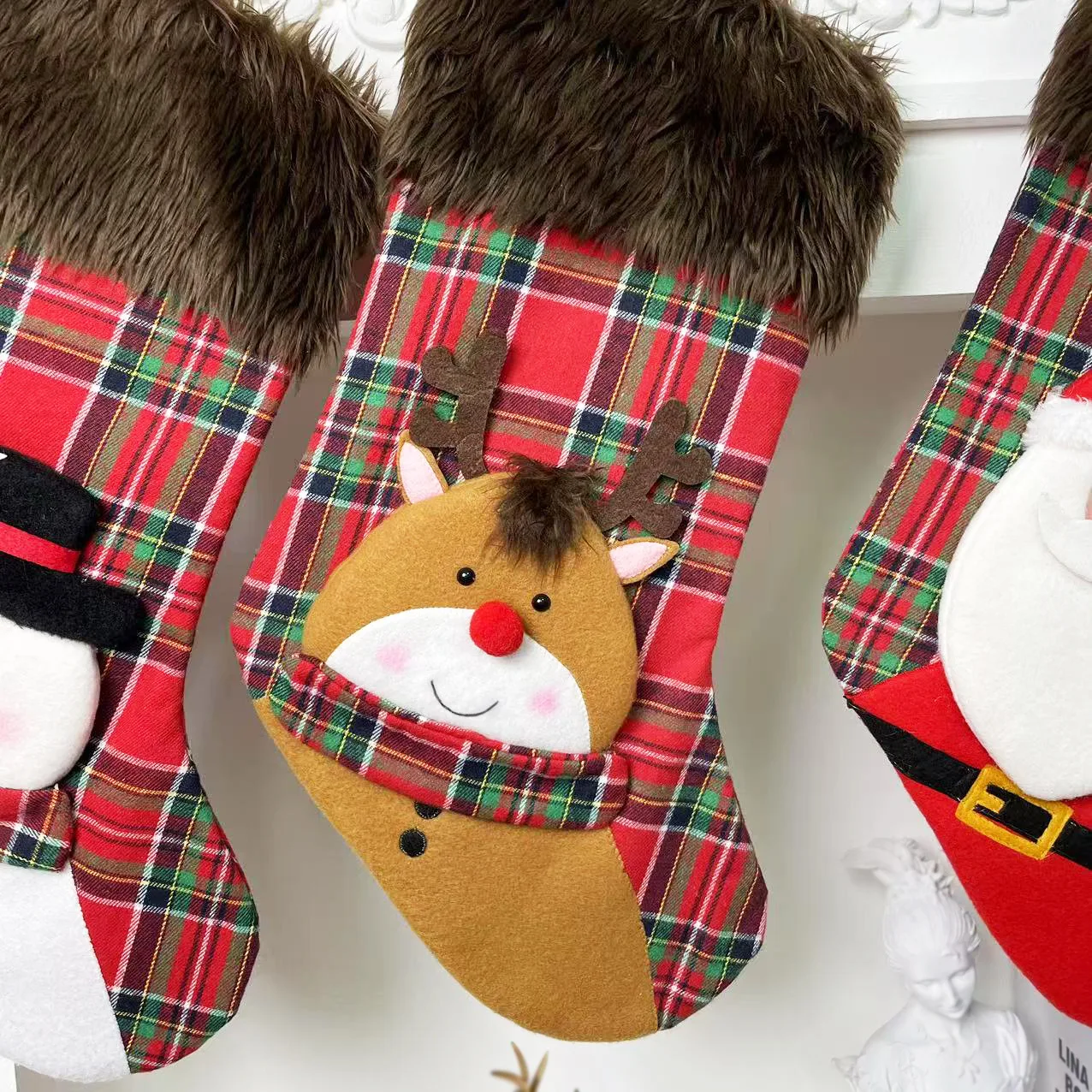 Christmas Stockings Xmas Decorations Long Red Checkered Socks Scene Window Displays Snowman Elk Santa Claus Decorated Gift Bags