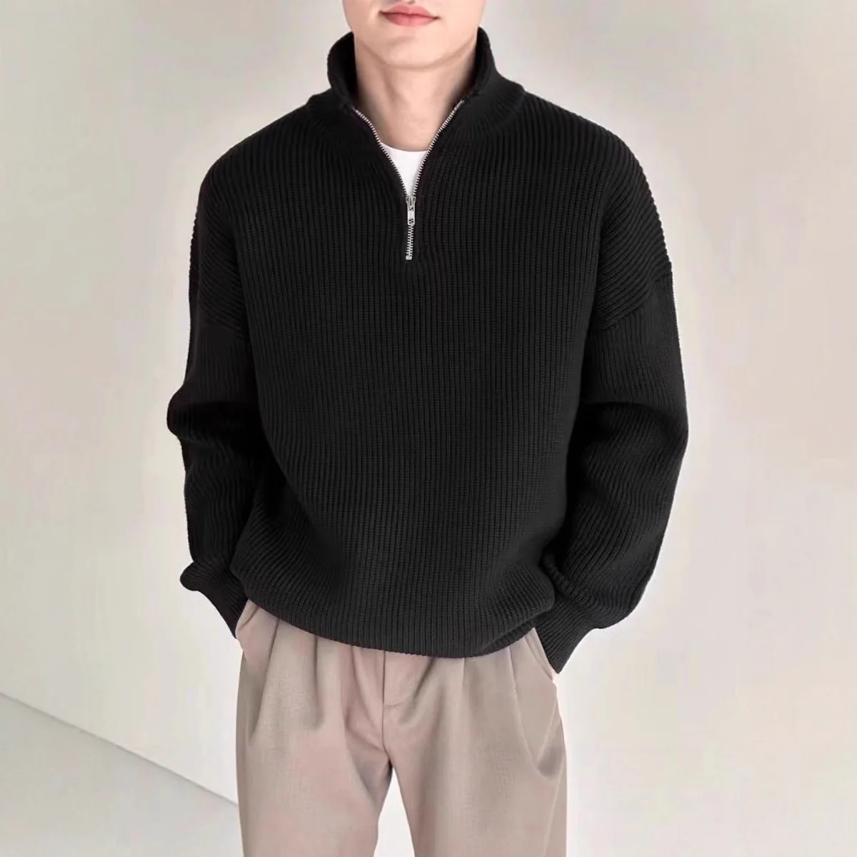 

2026 Spring and Autumn Half Zipper Pullover Sweater Men's Fashion Casual Design Stand-up Neck Knitted Sweater