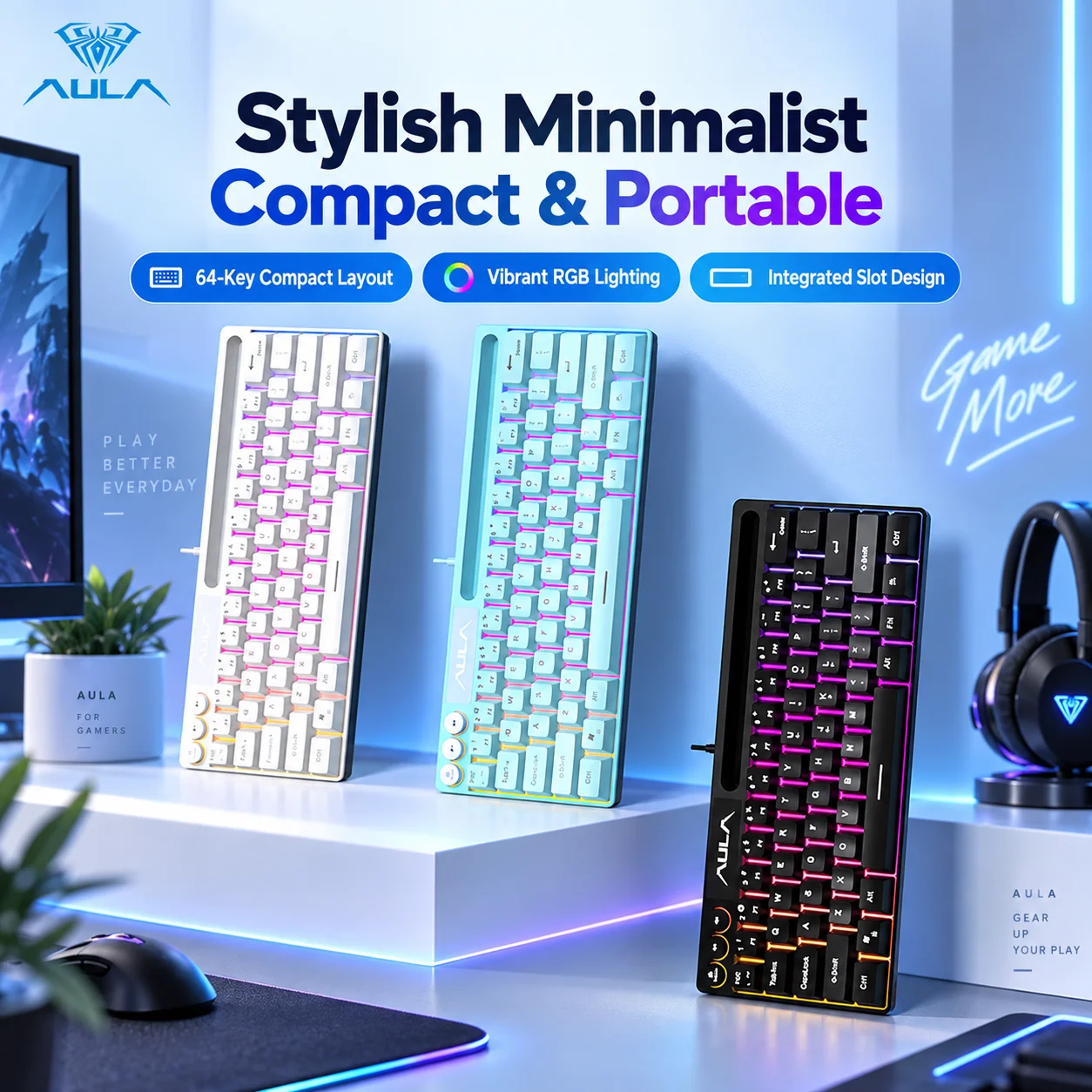 Gaming Keyboard Mini Mechanical - AULA F3061 ミニ64キーワイヤードRGBゲーミングキーボード、PCオフィスおよびゲーミング用ポータブルメカニカルフィールキーボード