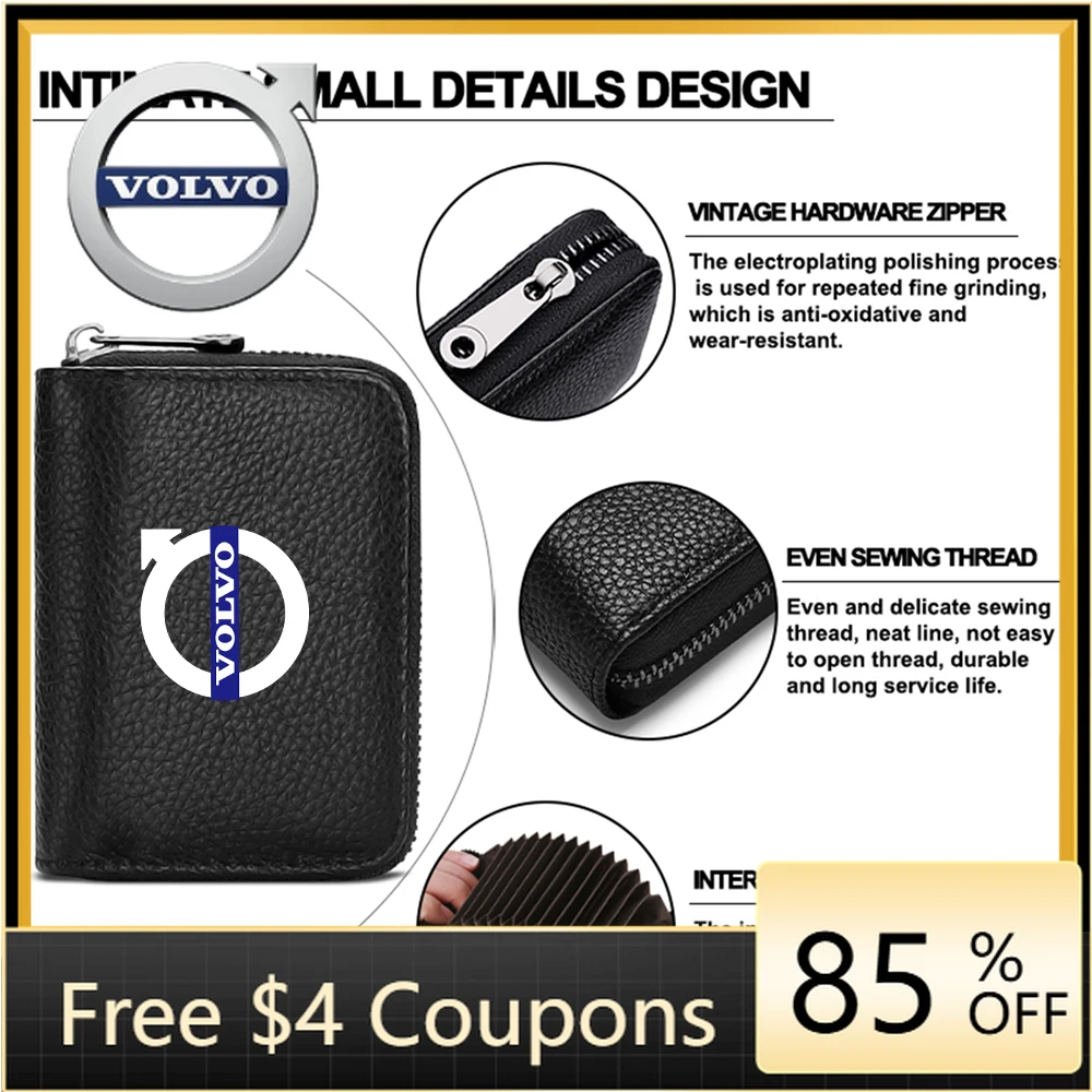 

Steering Covers PU Leather Short Wallet With Zipper Coin Pocket Vintage Big Capacity Short Money Purse Card For Volvo XC90 XC60