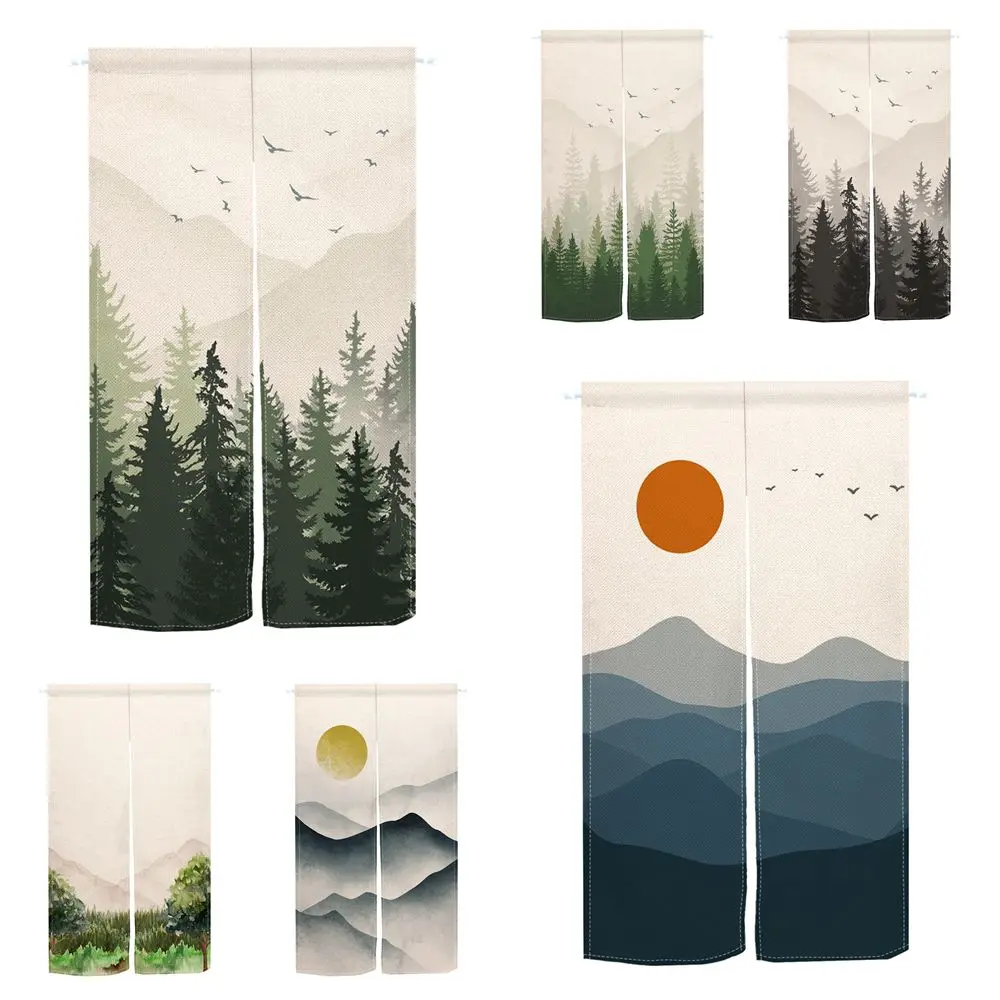Cortina de puerta de montaña con niebla de bosque, cortinas de pino de niebla densa para partición de cocina, dormitorio, puerta nórdica, decoración de media cortina