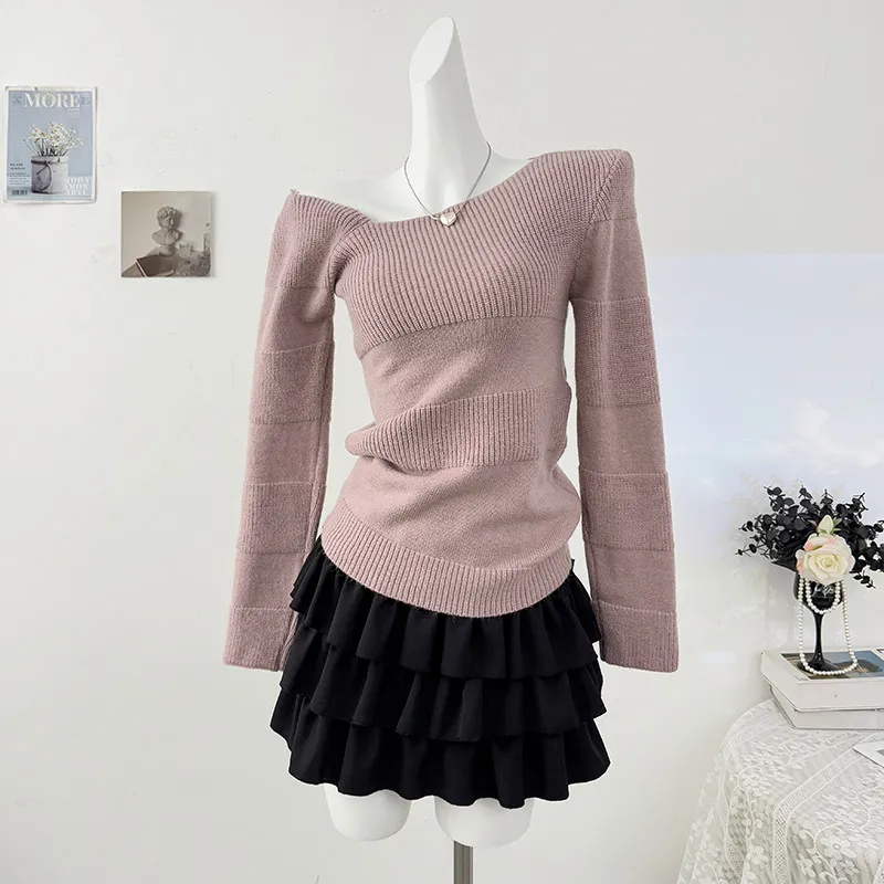 

Irregular Oblique Collar Off-shoulder Women' Sweater 2026 Spring New Solid Color Long Sleeve Pullover Korean Style Knitted Tops