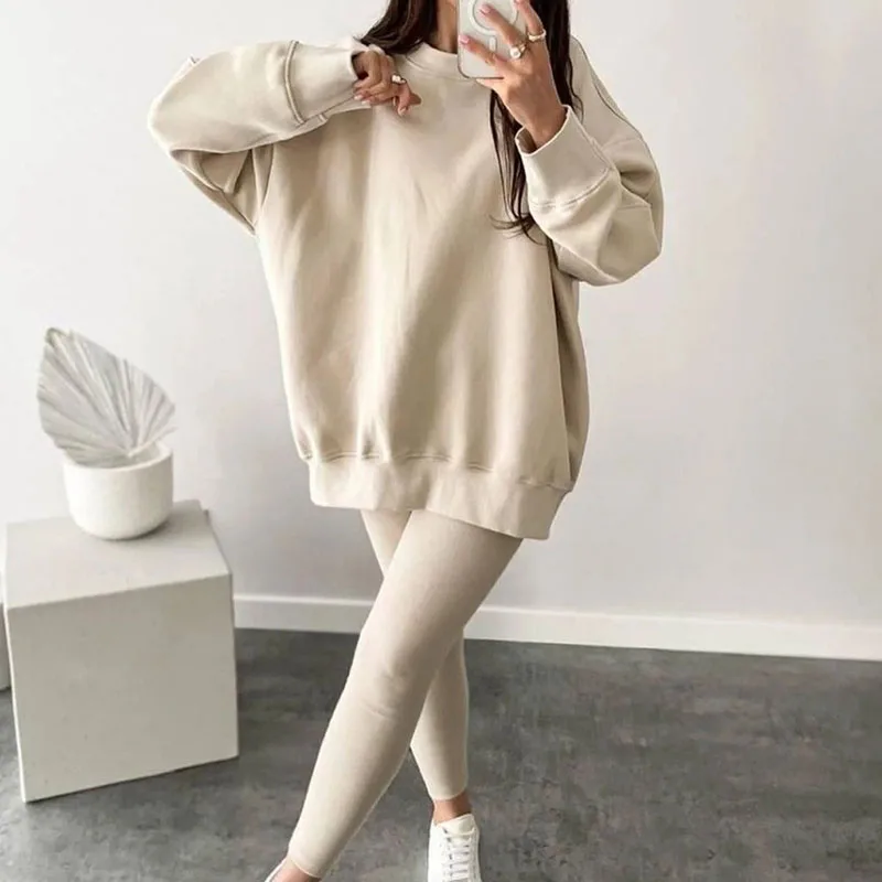 

2025 Элегантный однотонный комплект из 2 предметов с длинными рукавами, осенний повседневный свободный комплект с капюшоном для женщин, зимний модный топ с круглым вырезом и длинный брючный костюм