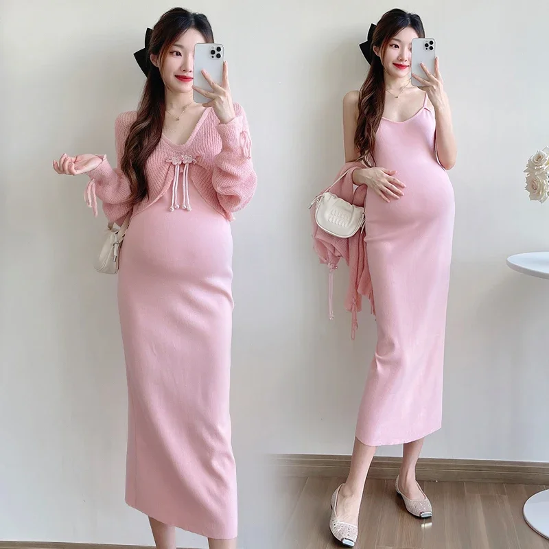 Autumn Maternity Dress Suits Sleeveless Strap Dress+long Sleeve Cardigans Cape Twinset Fashion Princess Pregnancy Clothes Set