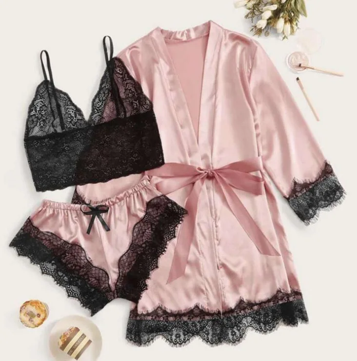 4 Pieces Woman Sleepwear Pajamas Ser With Robe Sexy Lace Lingerie Bathrobe Silk Satin Home Clothed Nightwear Robe