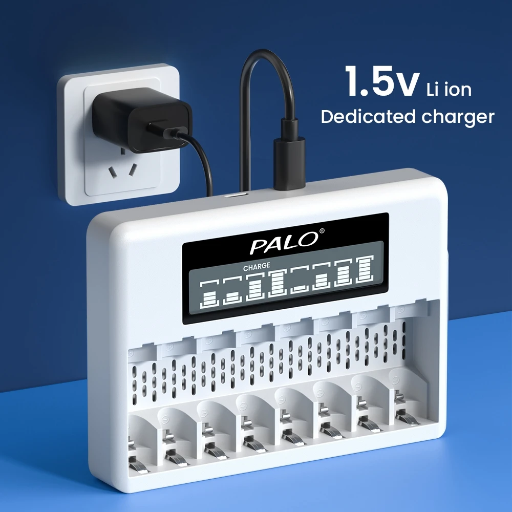 PALO-cargador de batería inteligente USB de 1,5 V, dispositivo de carga de batería de iones de litio con 8 ranuras, LCD, para baterías recargables de litio de 1,5 V 2a 3a