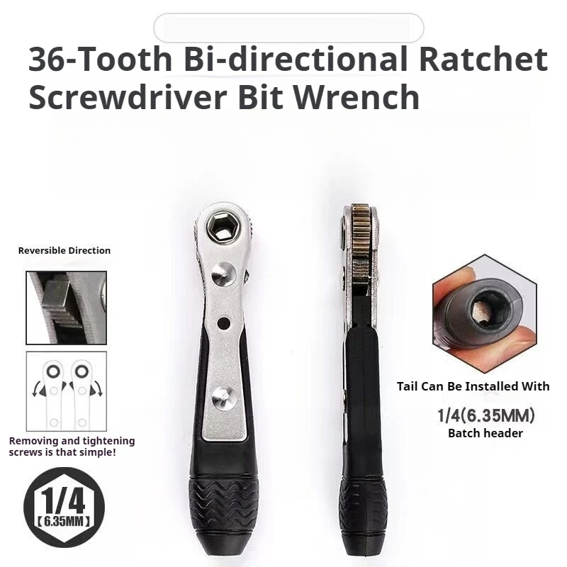 Double Head 36 Tooth Black Mini Ratchet Screwdriver Forward Reverse Wrench Cross Shaped Flat Screw Bits Repair Kit