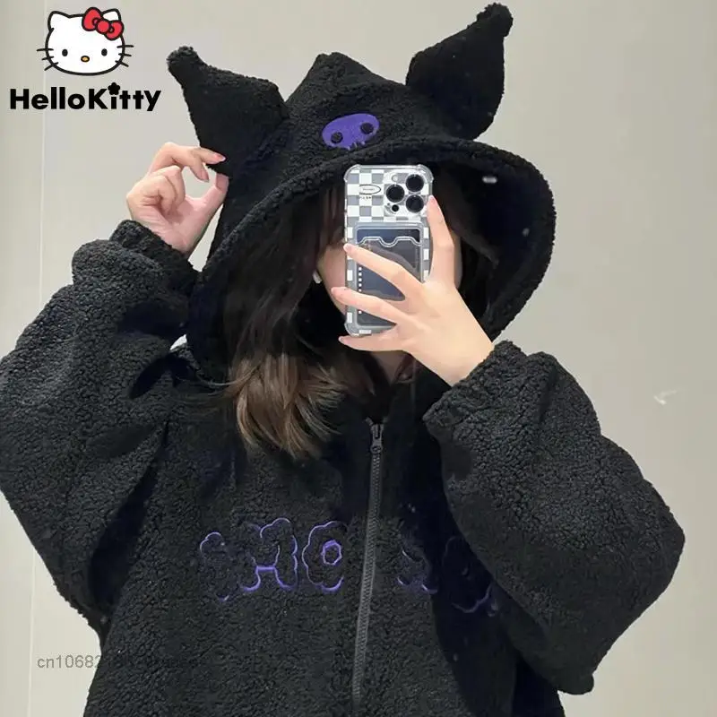 

Cartoon Kuromi Hoodies Coat Y2K Women Black Embroidery Clothes Sanrioed Anime Kawaii Autumn Winter Thickened Tops Casual Loose