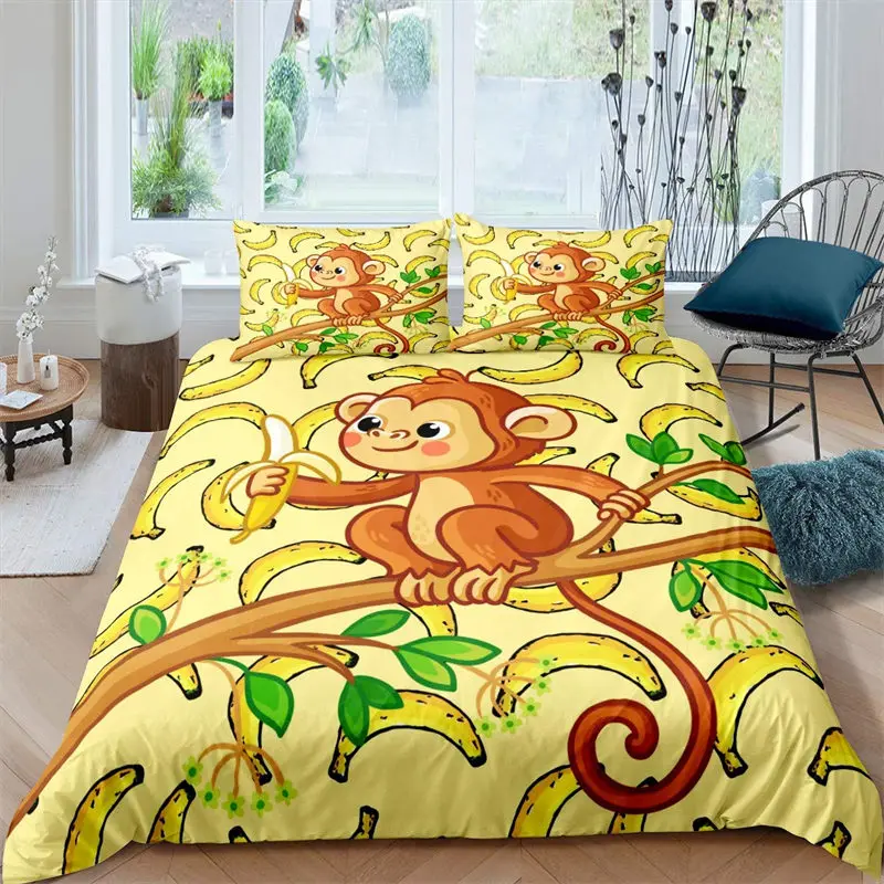 Kids Monkey Duvet Cover Cute Cartoon Animal Bedding Set Lovely Little Monkey Comforter Cover For Boys Girls Child Bedroom Decor