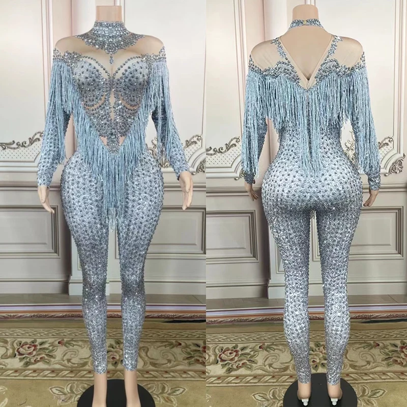 Full Diamond Tassel One-Piece Trousers Nightclub Bar Performance Stage Costume Women Dj Sexy Jumpsuit Drag Queen Outfits DN12666