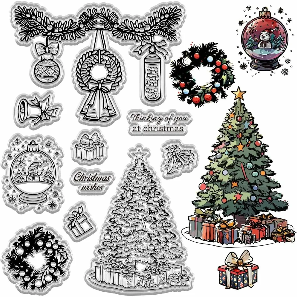 Christmas Clear Rubber Stamp Holly Wreath Ball Pine Reusable Transparent Seal for Xmas DIY Craft Journaling Card Making Supplies - view 2