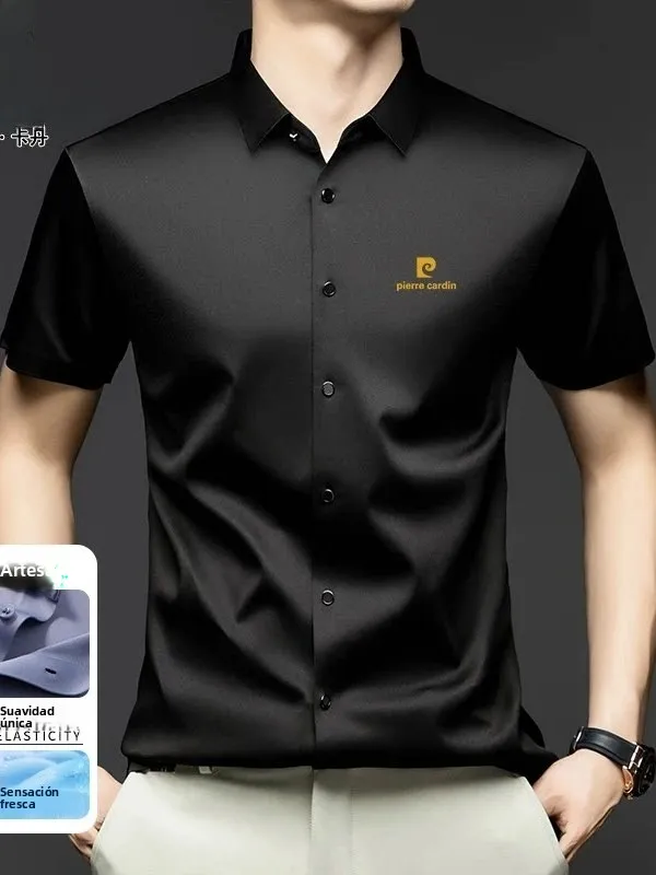 Camisa de Verano Pierre Cardin para Hombre, de Seda, Casual, de Manga Corta, Corte Estándar, Color Puro, Sin Costuras, de Med...