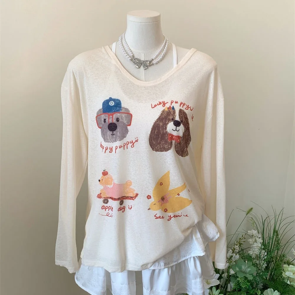 

Thin Dog Print Graphic T-shirt Sunscreen Loose Cartoon Animal Long Sleeved Top Cartoon Ins Round Neck Oversized T-shirt Women