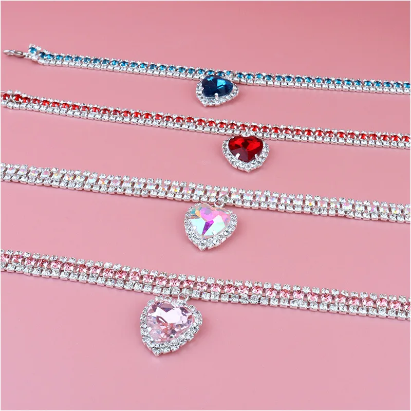 Dog Shiny Rhinestone Collar Cat Heart Diamond Jewelry Necklace Pet Bling Princess Collar Puppy Supplies Chihuahua Accessories