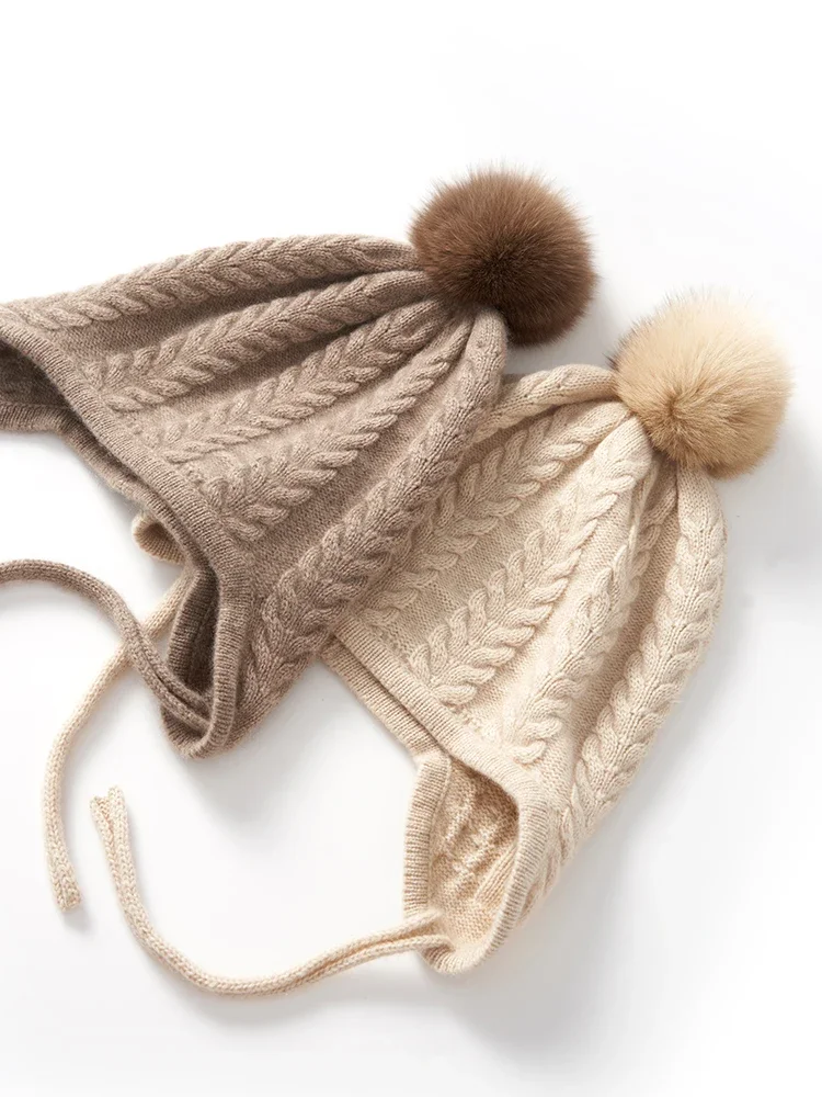 Autumn Winter Cashmere Chullo Knit Cable Bomber Hat Pompom Warm Soft Earmuff Aviator Caps Warm Earflaps Pashmina Women Men