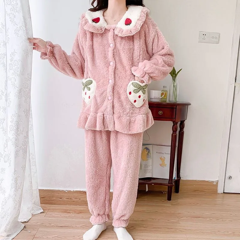 New Sleepwear Autumn Winter Postpartum Flannel Thick Plush Nursing Pajamas Pregnant Women Set Coral Velvet Can Be Worn Outside image 2