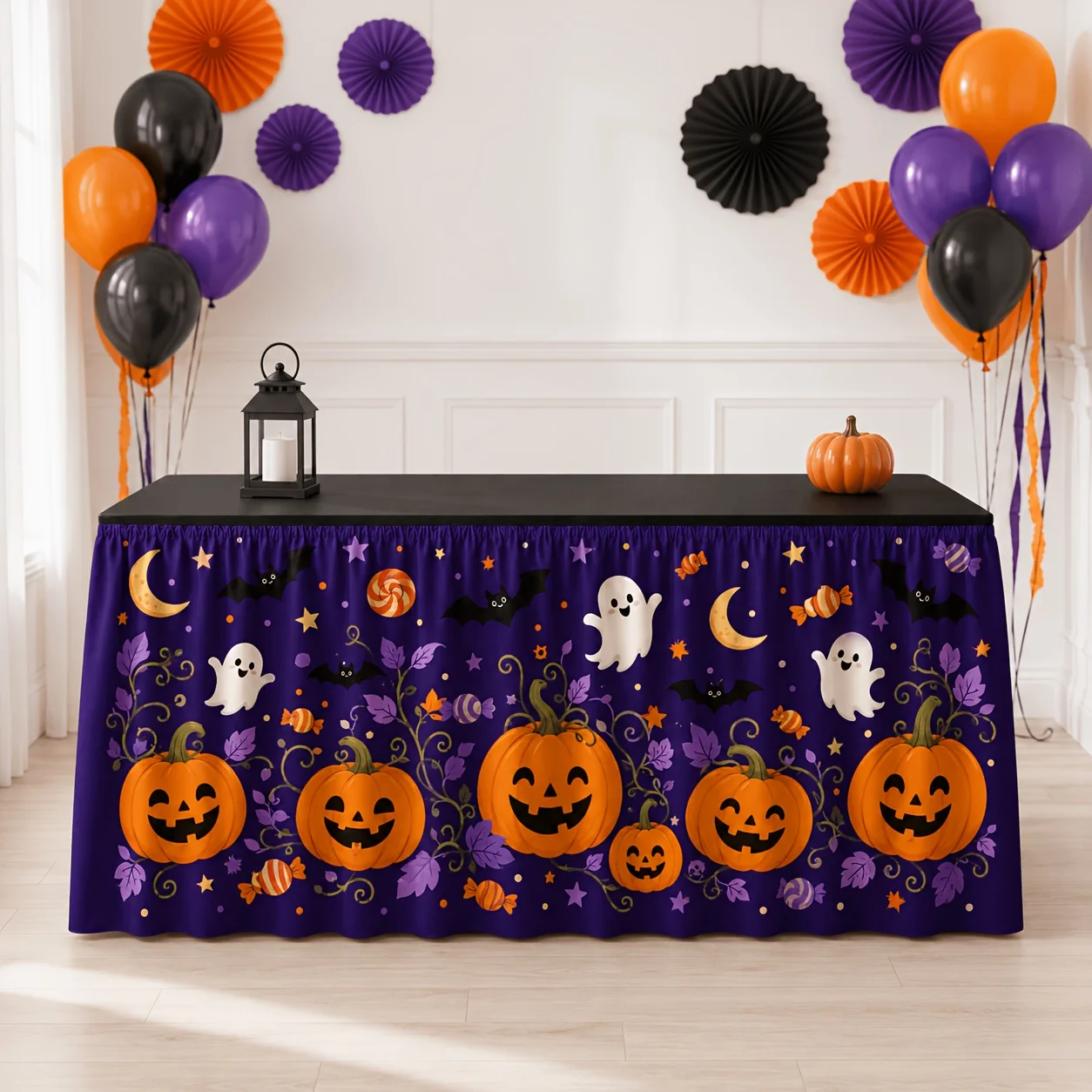 Purple Halloween pumpkin ghost bat pattern party table skirt, printed table skirt, Halloween, dessert table decorationxzj