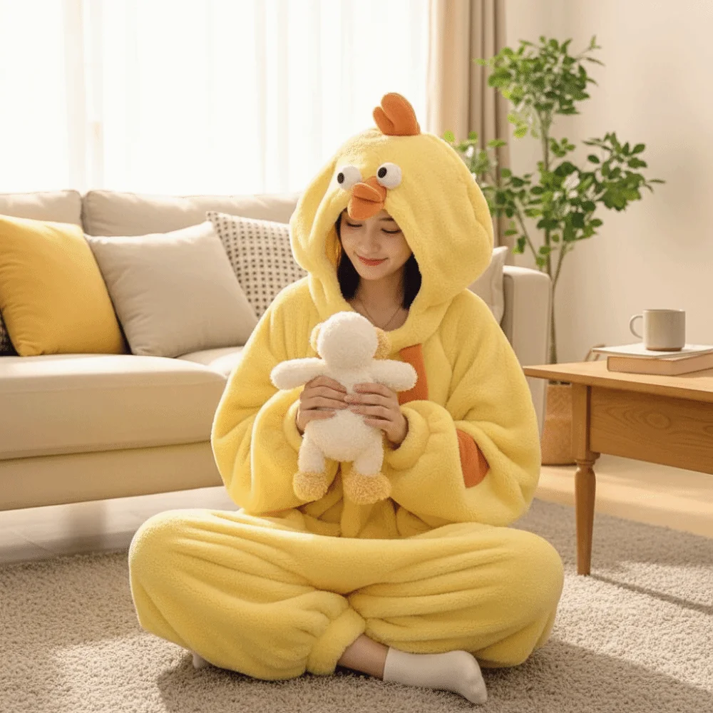 Jumpsuits Cartoon Chicken Pajamas Long Sleeve Home Wear Coral Fleece Nightwear Plush Warm Funny Little Yellow Chicken Pajamas