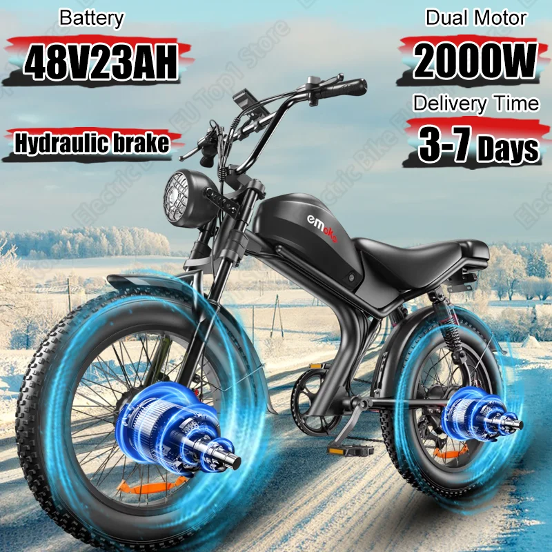 2000W Motor Electric Bicycle 48V23AH Lithium Battery Electric Bike Hydraulic Brake Motorcycle 20*4 Inch Fat Tire Mountain E-bike