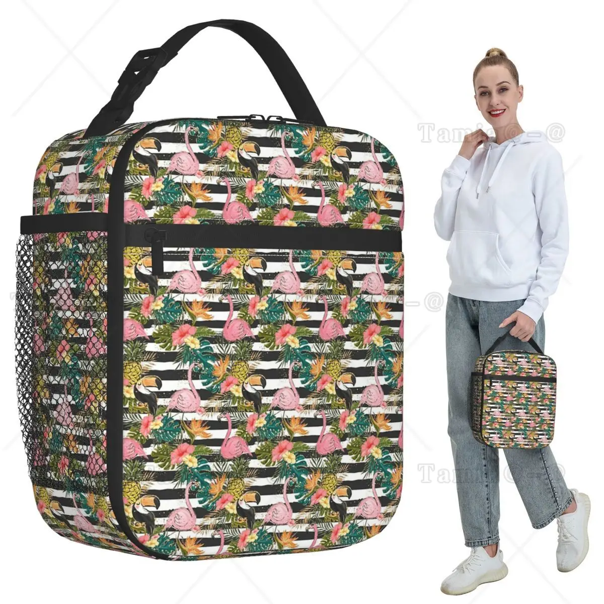 Black Striped And Cartoon Flamingo Insulated Lunch Bag for School Cooler Thermal Food Box Tote Leakproof Lunch Boxes Container