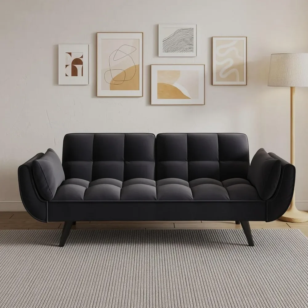 Samt-Futon-Sofa, Couchbett mit 2 Kissen, umwandelbare, klappbare Futon-Couch mit verstellbarer Rückenlehne, Love-Seat-Schlafsofa