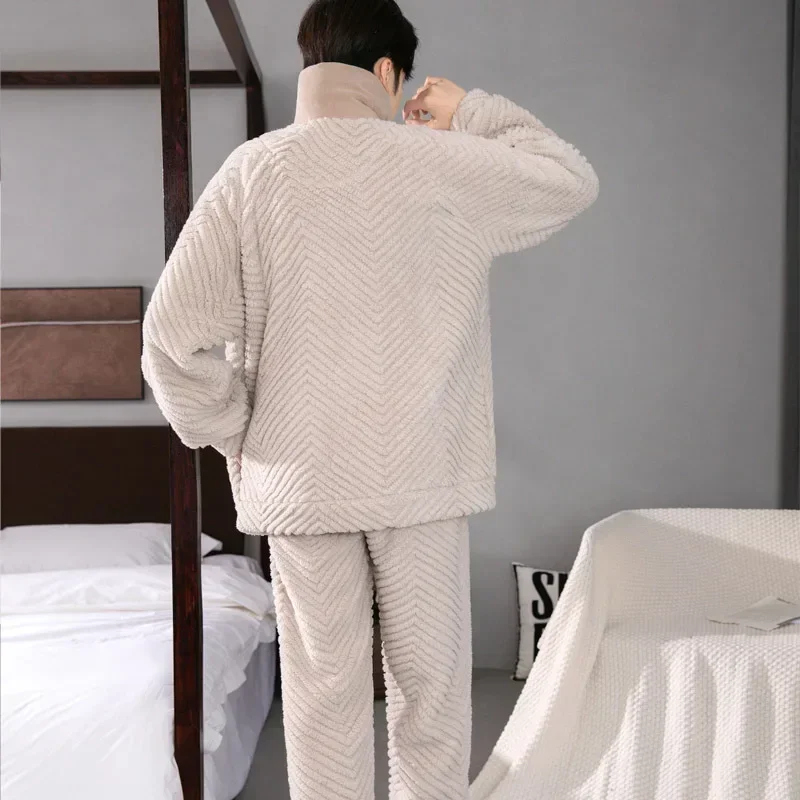 Letter Print Mens Zipper Pajama Sets Coral Fleece Winter Warm Pajamas Male Thick Homewear Stand Collar Thermal Flannel Sleepwear