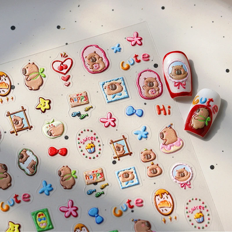 Lovely Capybara Cartoon Doodle 5D Soft Embossed Reliefs Self Adhesive Nail Art Sticker Cute Hamster 3D Manicure Decals Wholesale