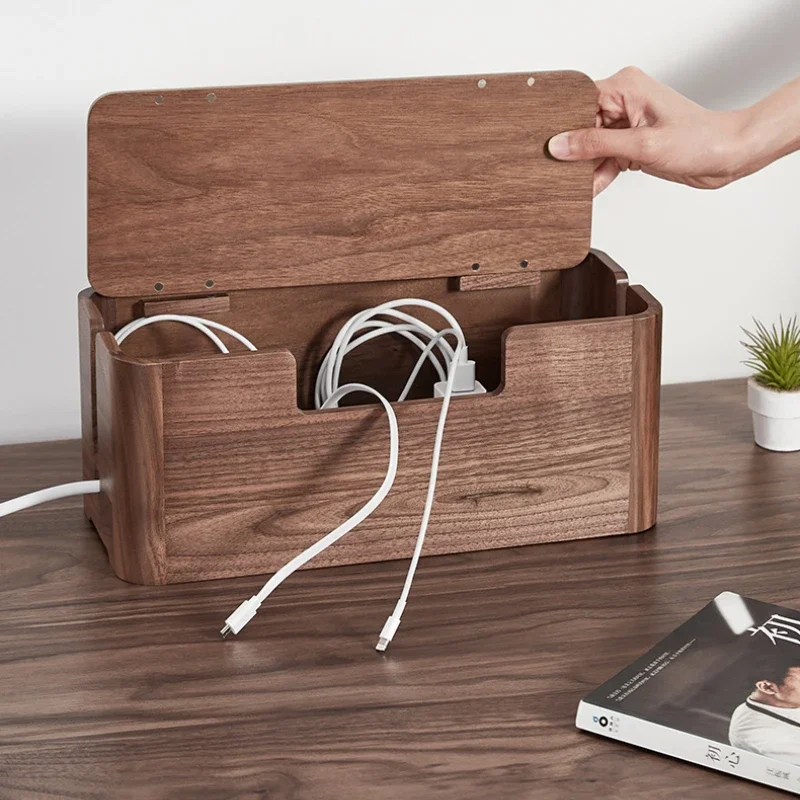 

Black Walnut Wooden Wire Organizer Dustproof Junction Box Socket Magnetic Cover Desktop Clip Holder for TV Box Organizer Shelf