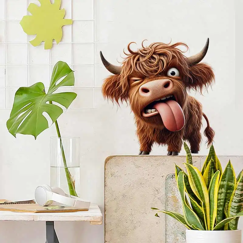Autocollant mural en forme de vache des Highlands, décoration de salle de bains, toilettes, salon, armoire, réfrigérateur, décoration de la maison, autocollants M1461