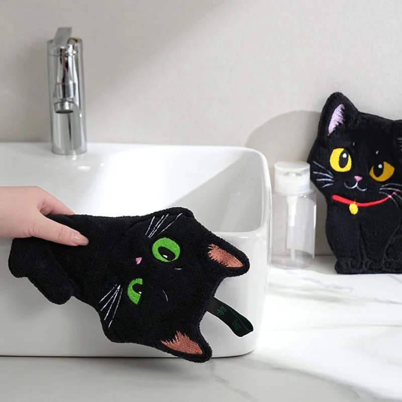 قطعتان، منشفة يد مطرزة على شكل قطة سوداء، مادة صوف مرجاني، منشفة يد معلقة للحمام والمطبخ، منشفة تنظيف.