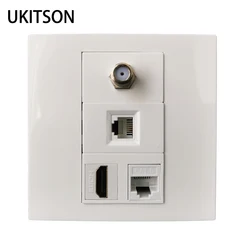 F Head TV DTV Television Connector CAT3 RJ11 Phone Socket Panel With HDMI2.0 CAT6 RJ45 LAN Wall Faceplate Outlet In White Color