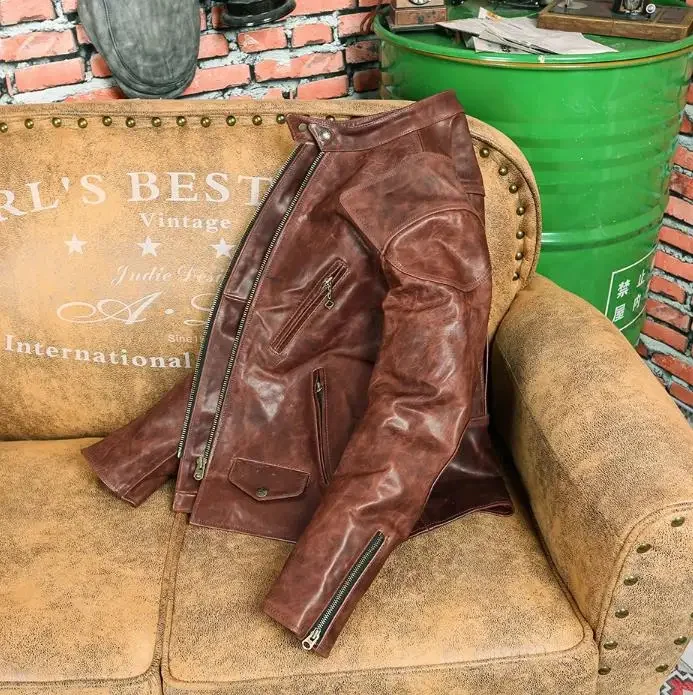 YR!Free shipping.Cool motor biker style oil wax Horsehide jacket,Vintage slim genuine leather coat,Brown Rider coat