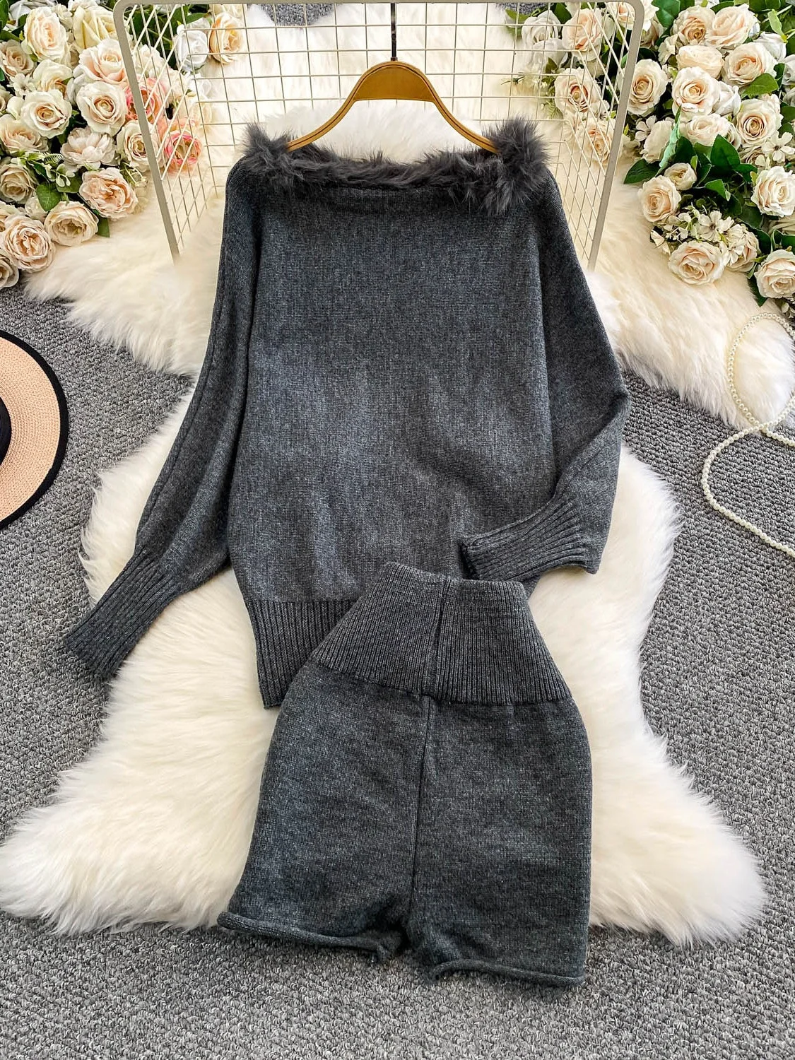 Weicher, gemütlicher, gespleißter Strickpullover, One-Shoulder-Design, eep Leg Sve Furry, Set zum Abnehmen, hohe Taille, Orts, Herbstmode...