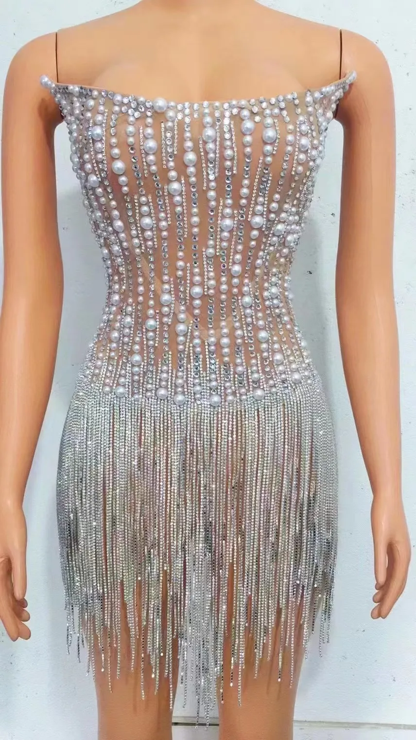 

Fashion Summer Dress Shiny Crystal Rhinestone Pearls Beaded Sexy Prom Dress Bling Bling Fringe Party Performance Women Club Wear