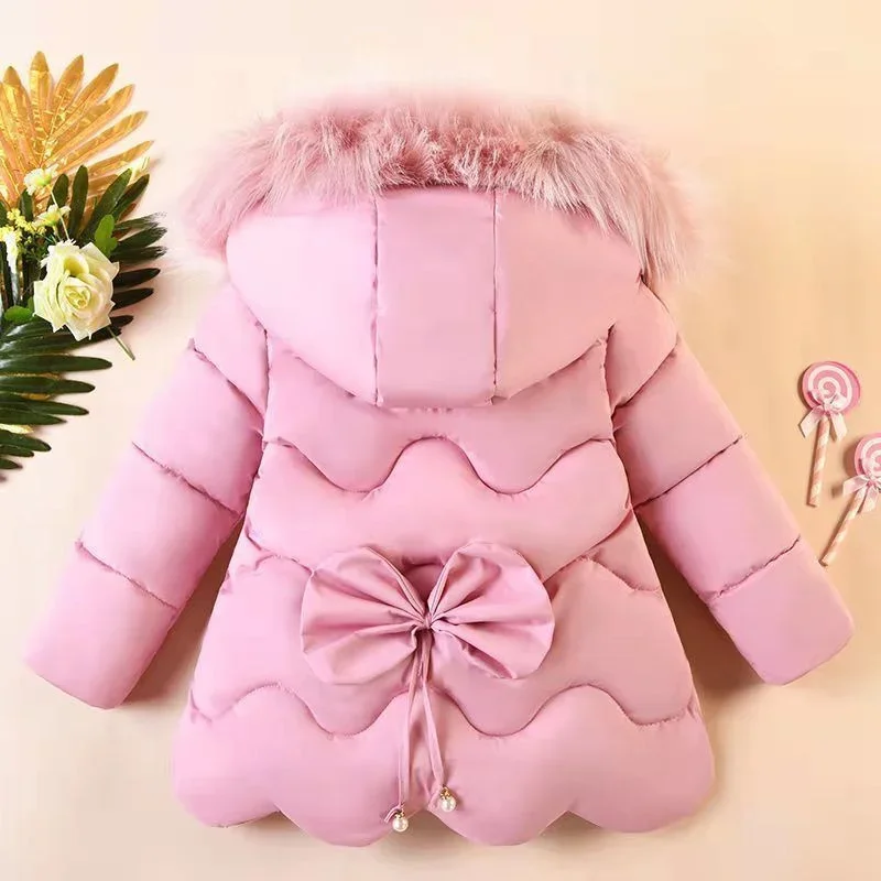 2-5 Years Baby Girl Thicken Down Jacket Hooded Outerwear Children Clothing Winter Warm Overcoat New Casual Girl Bow Solid Coats