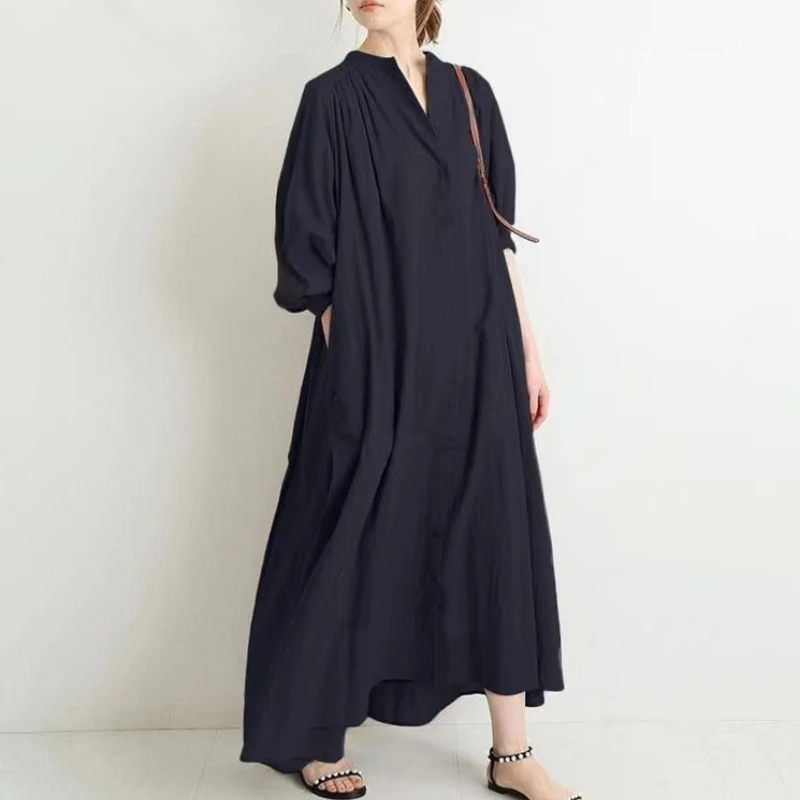 

Japanese Korean Linen Shirt Dress, Oversized Knee-Length Artistic Dress