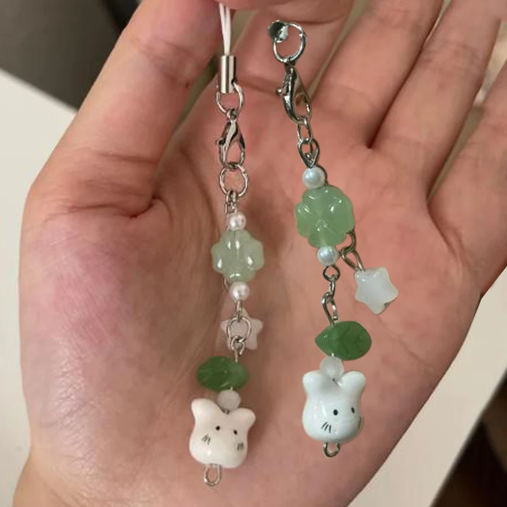 Cute Cat Keychain Lucky Leaf Phone Charms Pendant Bag Four Leaf Clover Key Ring Keychains Y2K Key Chains Fashion Jewelry Gifts