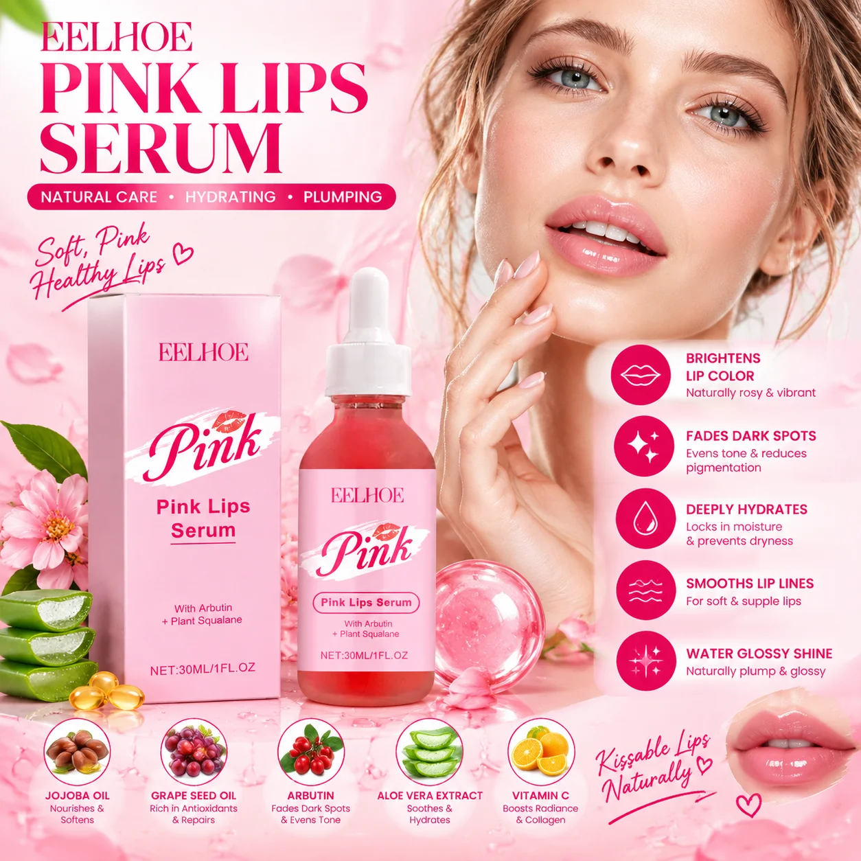 EELHOE Pink Lip Serum Arbutin Lip Lightener Moisturizing Lip Brightening for Dark Lips Bleach Vitamin C Lip Plumping Serum 30ml