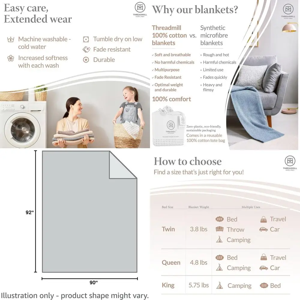 

All-Season 100% Cotton Queen Blanket - Soft Herringbone Thermal Cover for Full Beds in Folkstone Blue