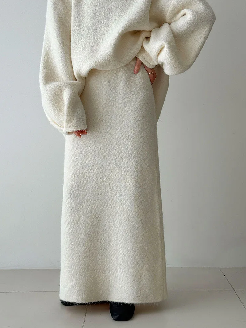 Korean Style Autumn Winter Warm Women's Two Pieces Set Back Button Lazy Sweater And Long Skirt Sets