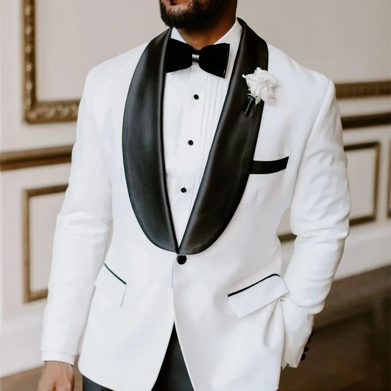 

Elegant Men Suits 2 Pcs Shawl Lapel Costume Homme Prom Suits Wedding Groom Prom Custom Blazer Sets White Jacket Black Pants