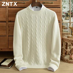 ZNTX-Suéter de caxemira monocromático masculino, suéter de caxemira puro, super grosso, gola redonda essencial, cor sólida jacquard, casual para jovens, inverno