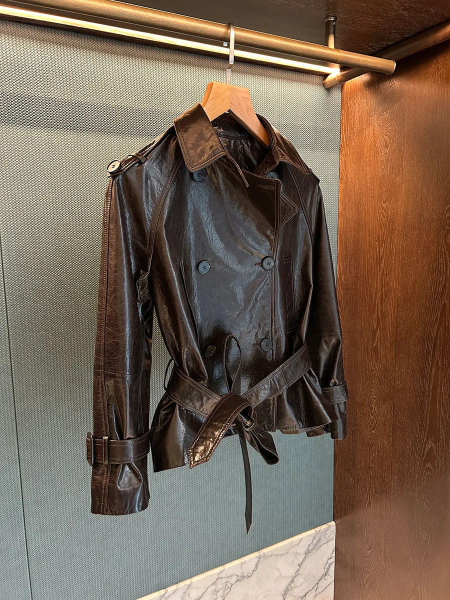 Trench corto da donna in vera pelle di pecora cerata retrò resistente