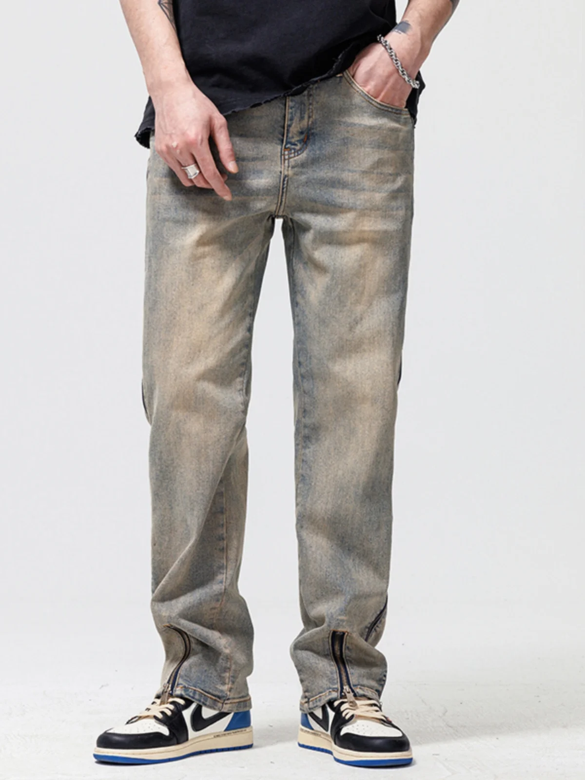 

American High Street Zipper Cuff Jeans Men's Trendy Vintage Loose Straight Leg Casual Versatile Long Trousers
