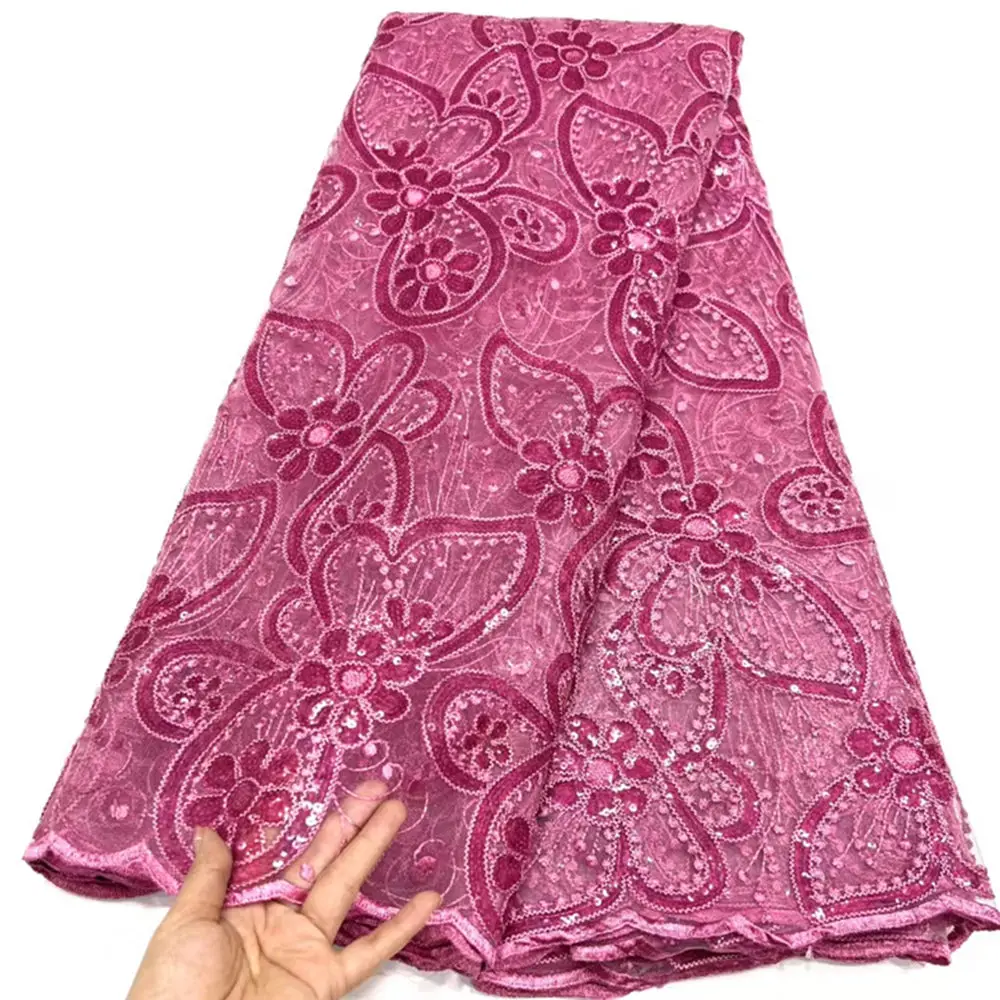 

NHDN08 Pink!Wholesale African net lace with sequins,beautiful embroidered French tulle lace fabric for party & wedding dress