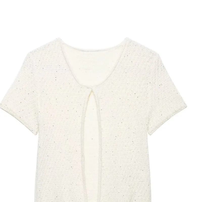 Women's Sequin Knit Cardigan with Metallic Thread New 2026 Autumn O Neck Short Sleeve Lady Sweaters Simple Female Tops