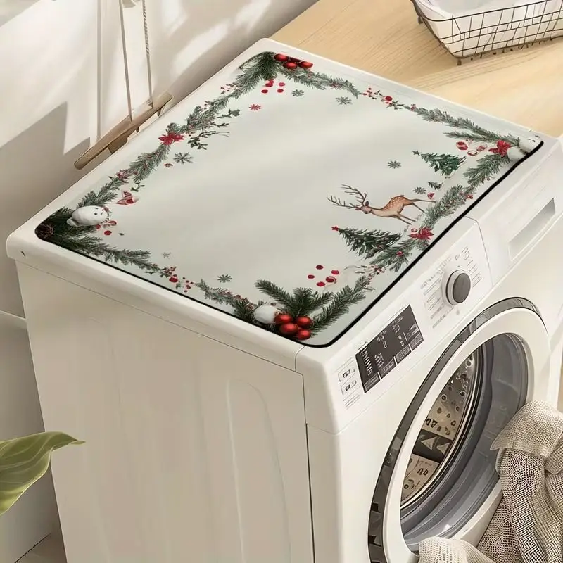 VIKAMA Reindeer Deer Head Christmas Wreath Pine Berry Washing Machine Top Cover Mat Watercolor Washer Dryer Protector Pad Decor