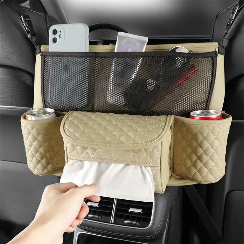

Leather Car Seat Middle Hanger Storage Bag Luxury Auto Handbag Holder Between Seats Tissue Water Cup Pockets Stowing Tidying